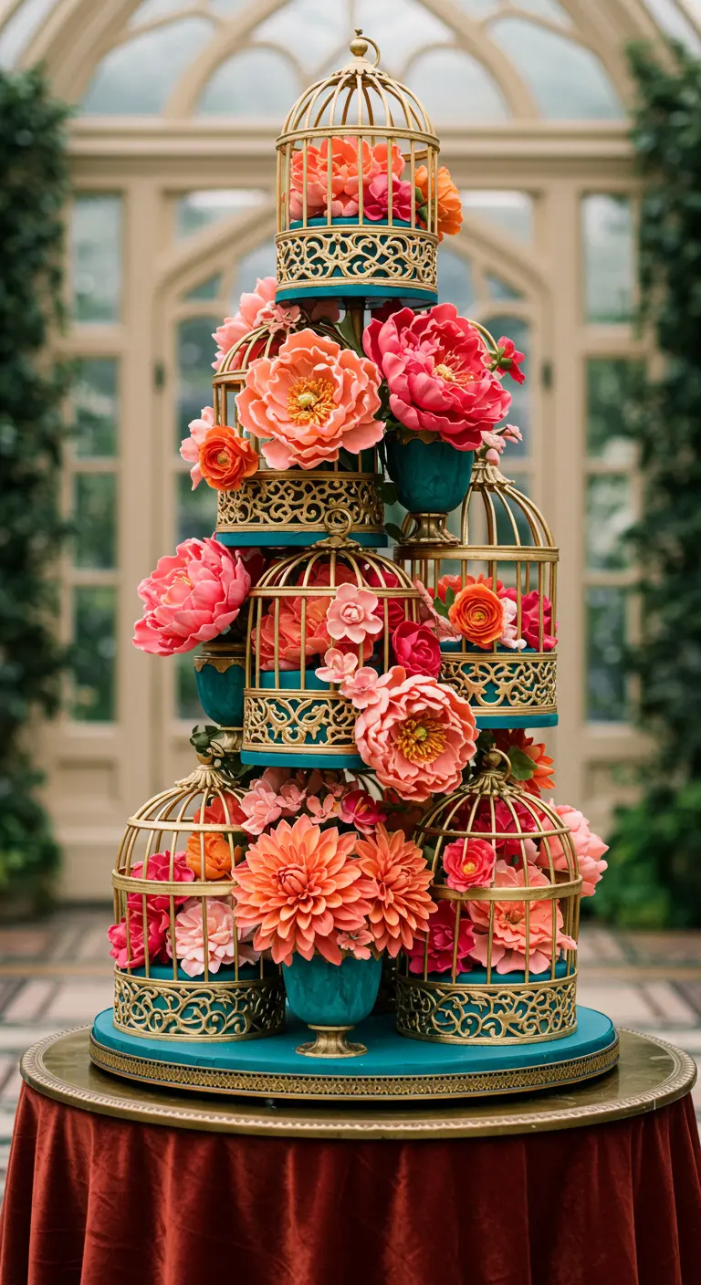 Mehrere goldene Vogelkäfig-Elemente mit türkisen Akzenten, gefüllt mit orangen und pinken Blumen.
