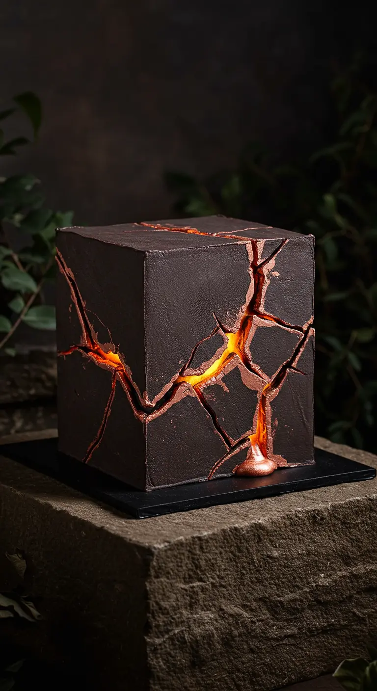 Kubische Schokoladentorte mit leuchtenden orangefarbenen Rissen, die wie Lava aussehen.
