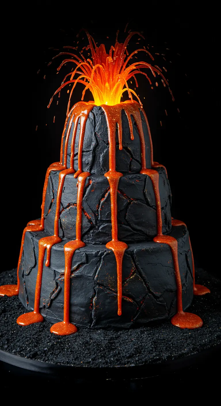 Schwarze Hochzeitstorte in Vulkanform mit leuchtend orangem Glitzer-Drip.