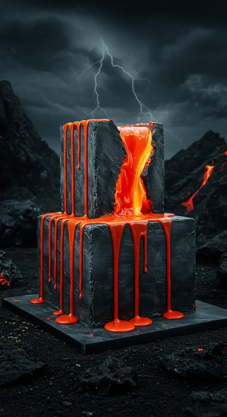 Schwarze Torte, die wie ein Vulkan aussieht, aus dem glühend orangefarbene Lava fließt.