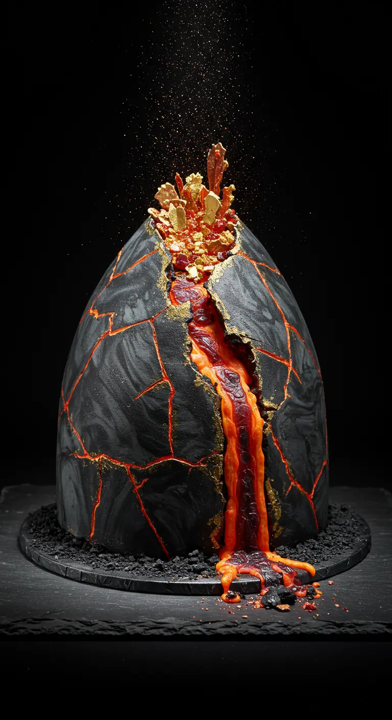 Kuppelförmige schwarze Torte als Vulkan, aus dem rot-orange Lava und goldene Kristalle quellen.