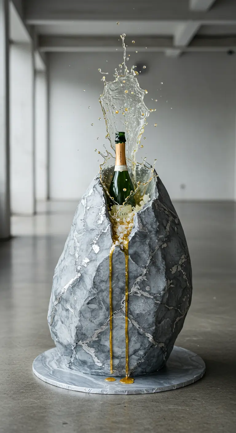 Große, felsenförmige Torte mit einer Prosecco-Flasche, die oben herausragt und goldene Flüssigkeit verströmt.
