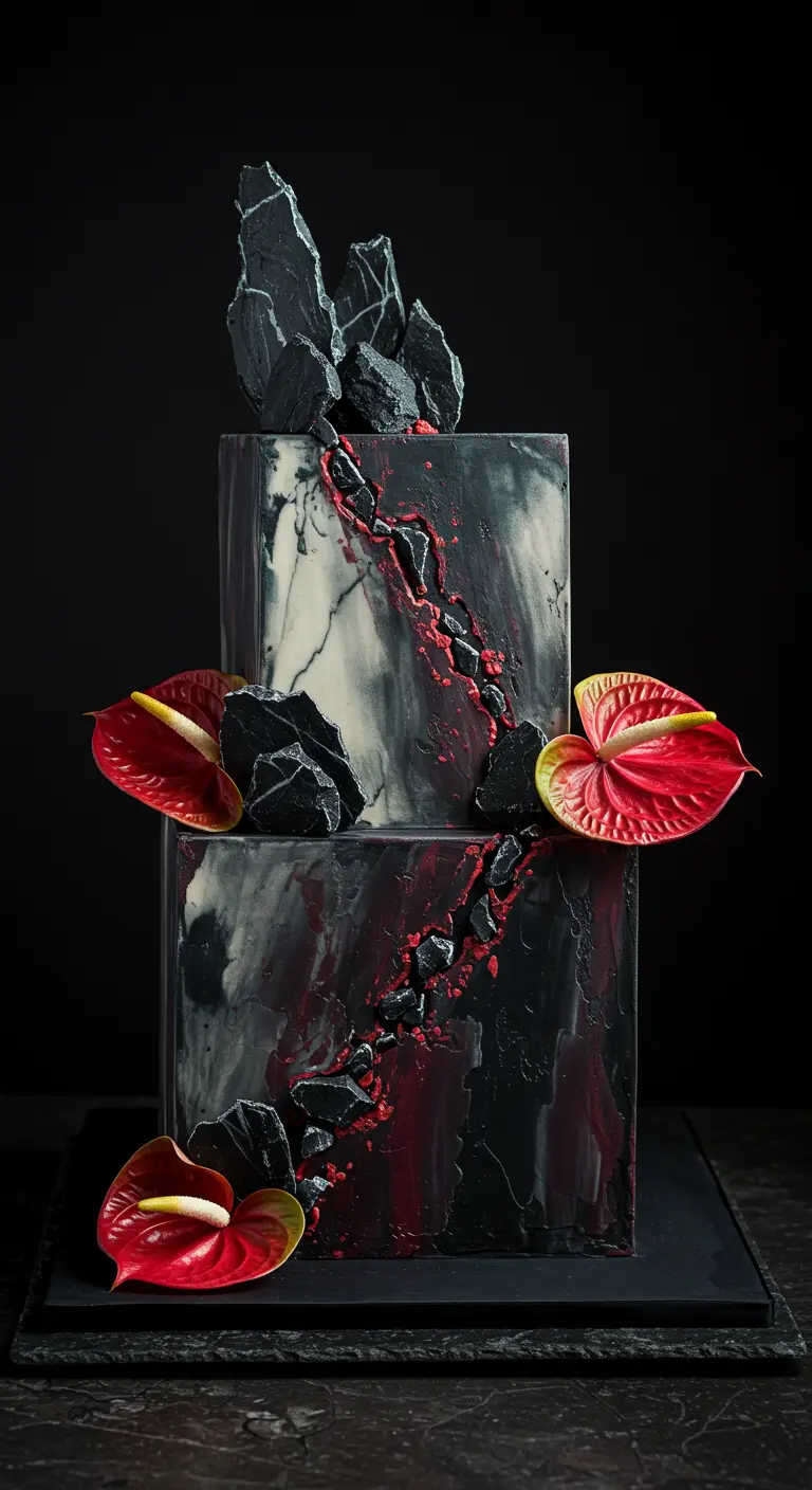 Quadratische zweistöckige Torte in Schwarz-Rot-Marmor, dekoriert mit schwarzen Kristallen und roten Blumen.
