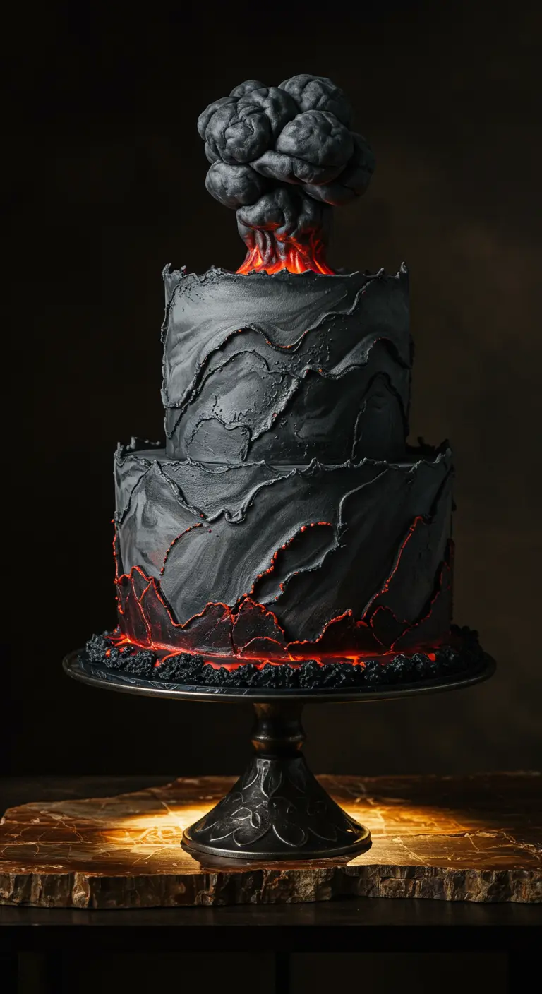 Schwarze zweistöckige Torte mit roter Lava-Optik und einer Rauchwolke als Topper.