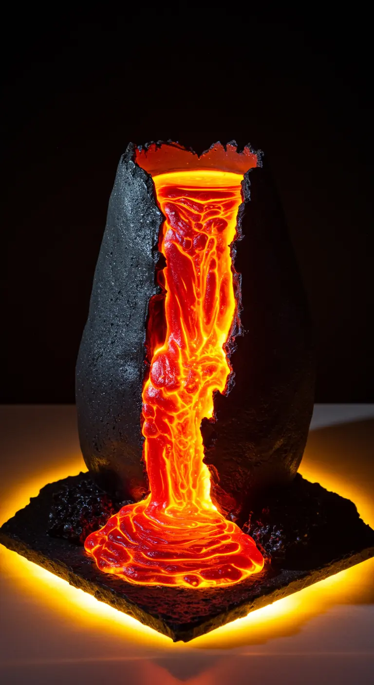 Torte in Form eines Vulkans, aus dem leuchtend rote und orange Lava fließt.