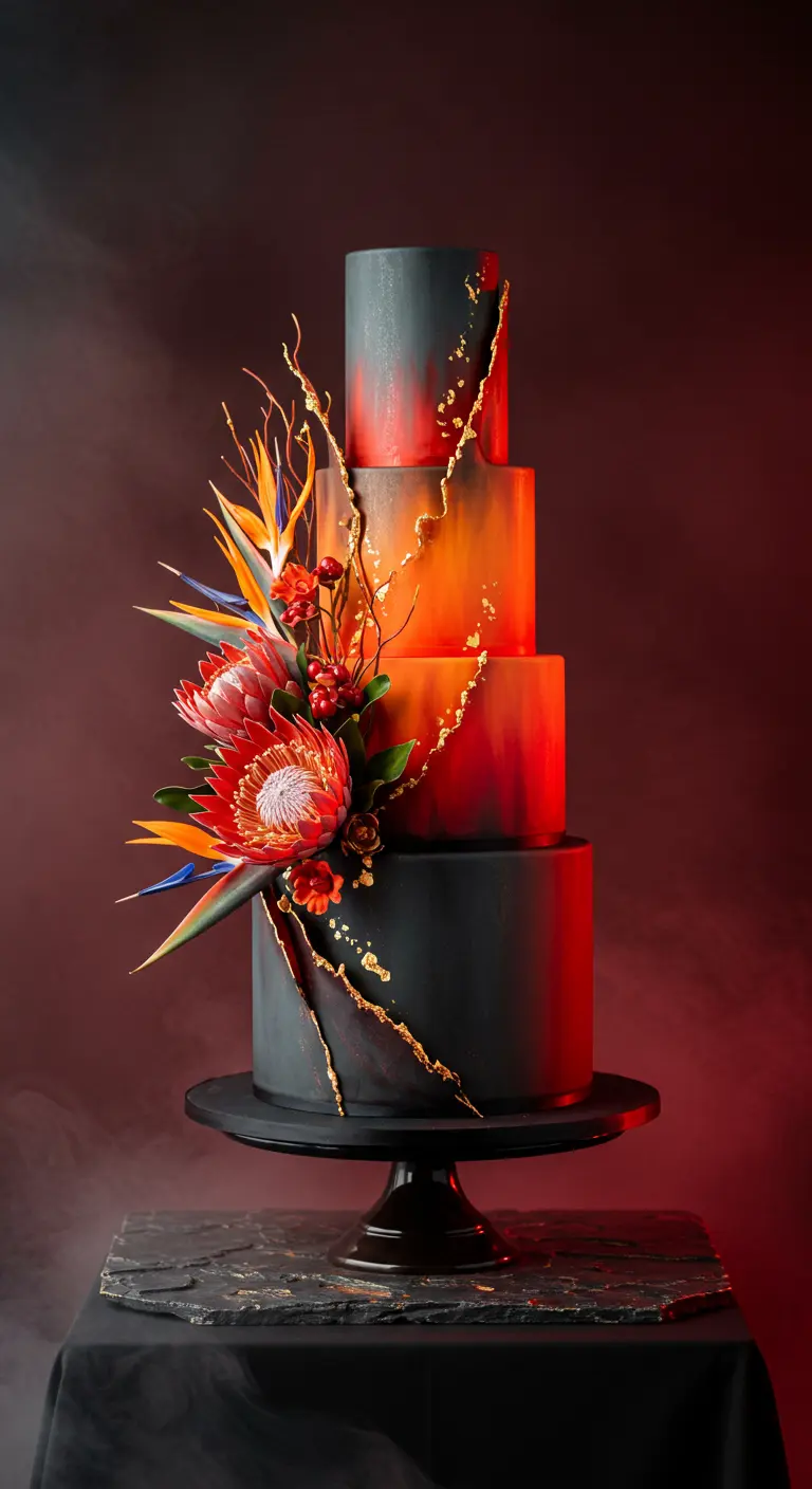 Dunkle Hochzeitstorte mit leuchtendem Ombré-Farbverlauf und auffälligen tropischen Zuckerblumen.