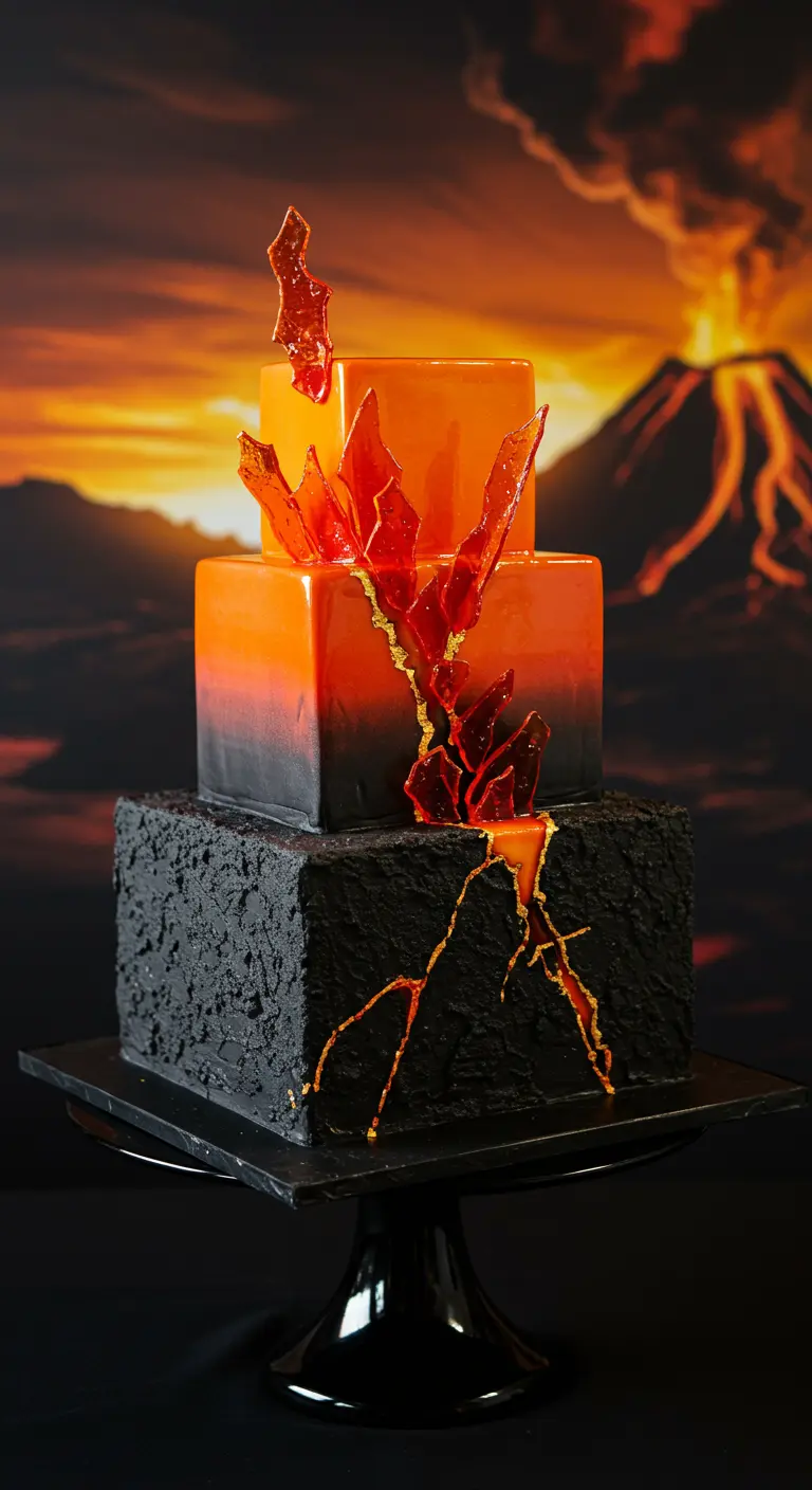 Dreistöckige Ombre-Torte in Schwarz, Orange und Rot, mit zerbrochenen Schichten und leuchtenden Zuckerkristallen.