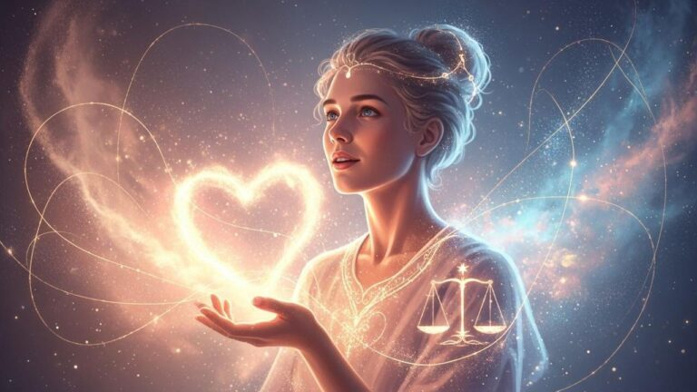 Waage-Frau hält leuchtendes Herz, Symbol für neue Verbindung am 16. Juni. Liebe und Sternzeichen.