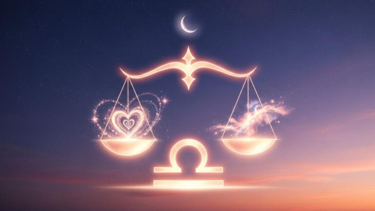 Waage-Sternzeichen mit Herz-Symbolik vor Nachthimmel. Liebe im Juni?