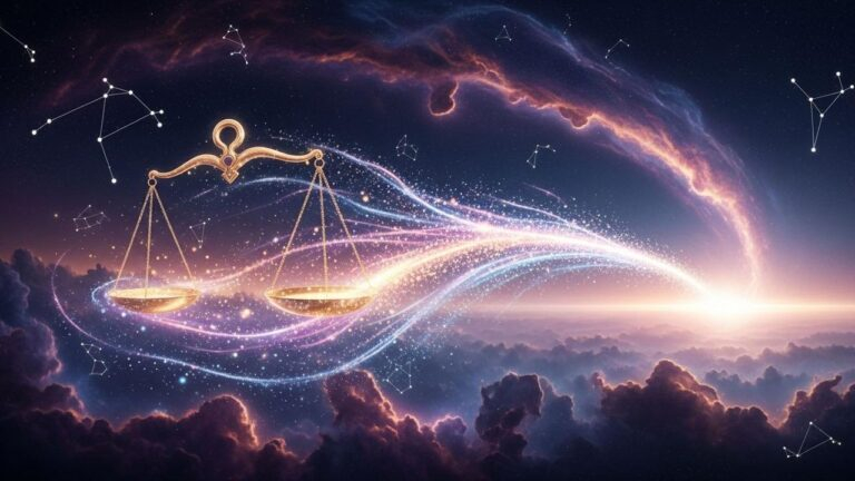 Goldene Waage vor Sternenhimmel: Kosmischer Rückenwind für Waage-Zukunftsplanung.