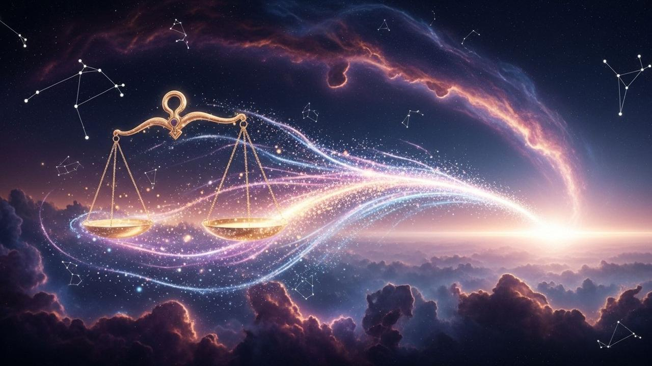 Goldene Waage vor Sternenhimmel: Kosmischer Rückenwind für Waage-Zukunftsplanung.