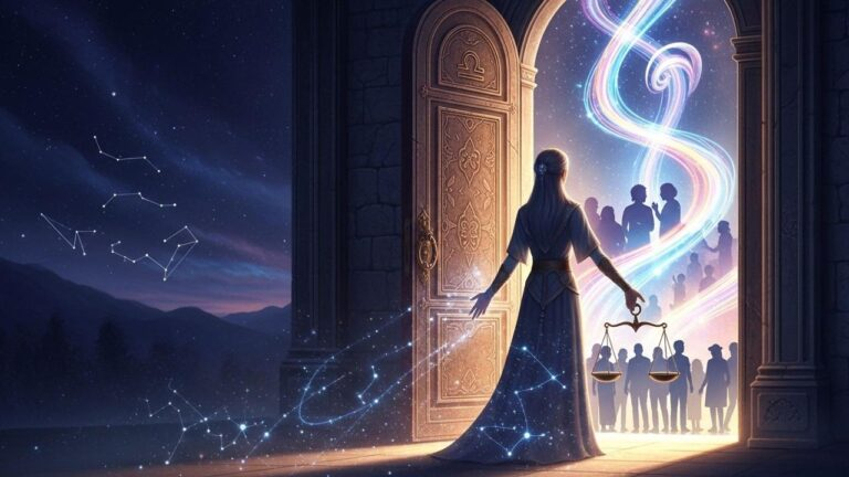Waage öffnet Tür zu Wissen: Frau mit Waage vor Portal zu neuen Bekanntschaften und kosmischer Weisheit.