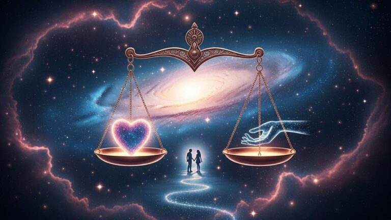 Sternzeichen Waage: Waage mit Herz und Hand vor Galaxie, ein Paar findet zueinander. Dein Herz kennt die Antwort.