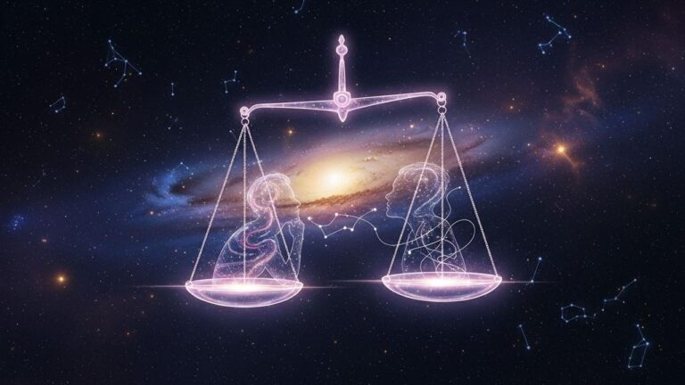 Waage Sternzeichen: Ex-Partner astrologisch betrachtet, in einer kosmischen Waage abgebildet.