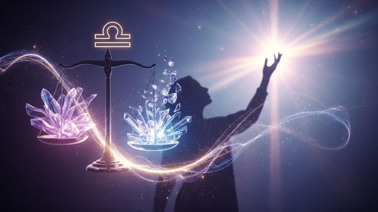 Waage Juli 2025: Waage mit Kristallen & Silhouette strebt nach Licht. Neubeginn?