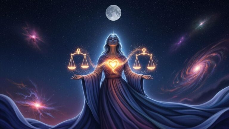Waage im August: Frau mit Herz und Sternenwaage vor Nachthimmel. Astrologie-Lesung für dein Sternzeichen.