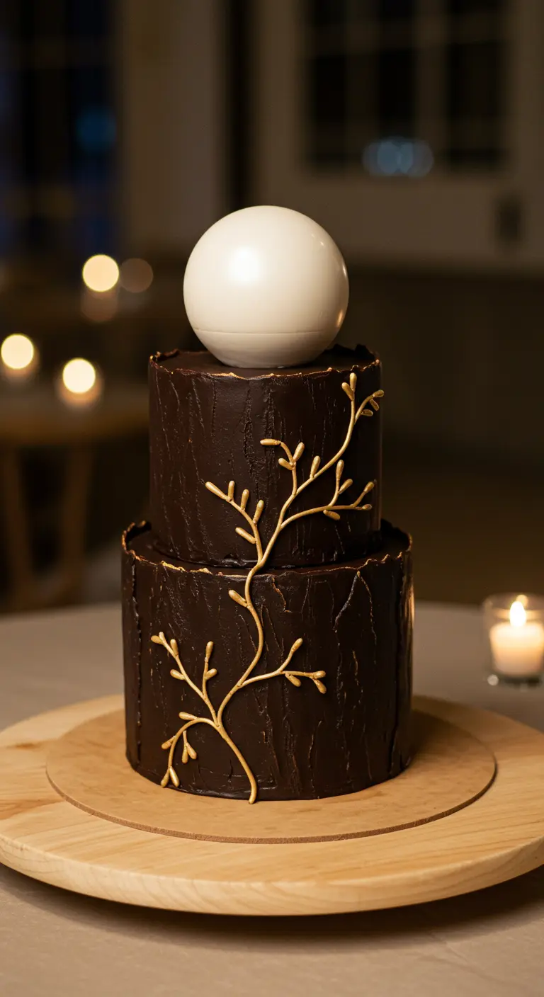 Zweistöckige Schokoladen-Torte in Baumrinden-Optik mit goldenen Zweigen und weißer Kugel.