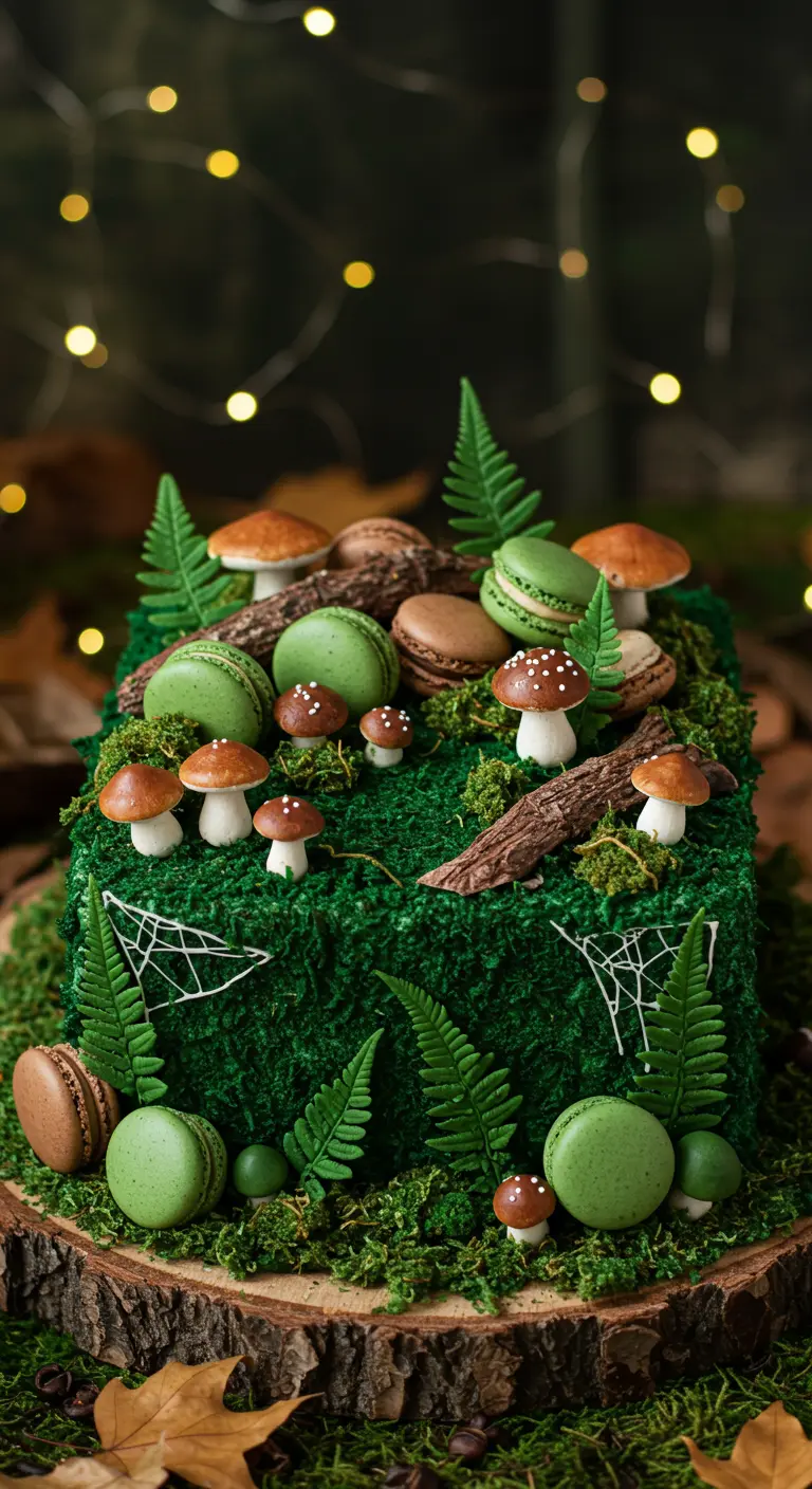 Quadratische grüne Torte im Waldboden-Look mit Pilzen, Farnen und grünen Macarons.