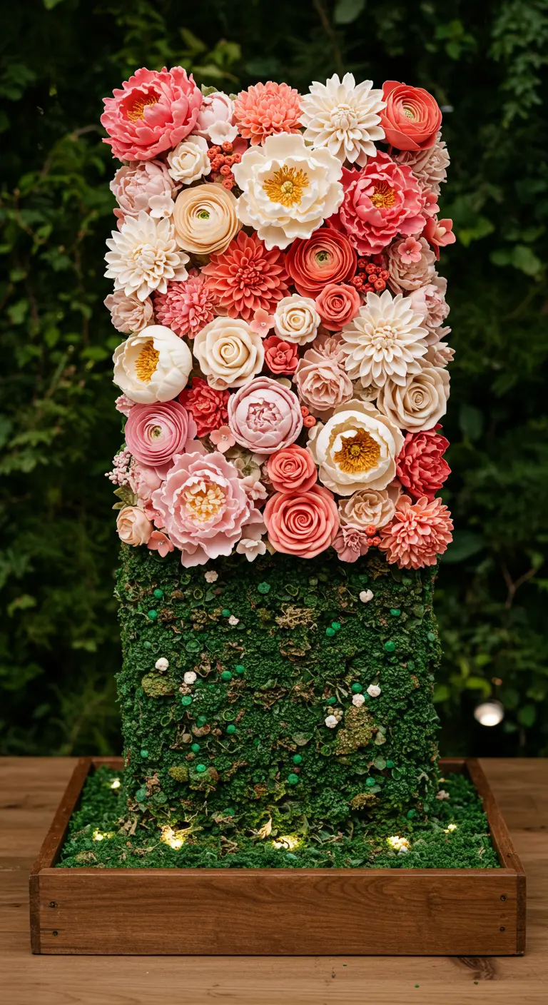 Hohe, rechteckige Torte mit grünem Moos unten und dichtem Arrangement pfirsichfarbener Blüten oben.