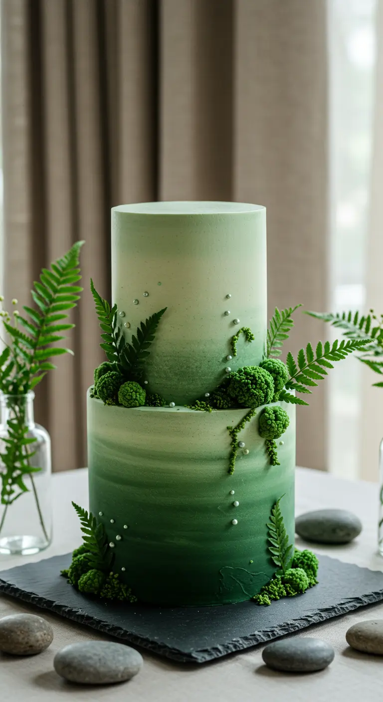 Zweistöckige grüne Ombre-Torte, dekoriert mit echten Farnen, kleinen grünen Kugeln und weißen Zuckerperlen.
