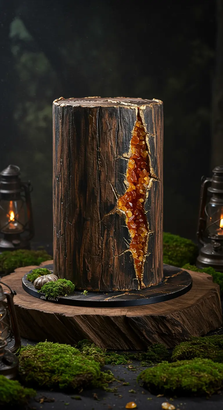 Baumstamm-Torte mit Bernstein-Geode auf Holzscheibe mit Moos.