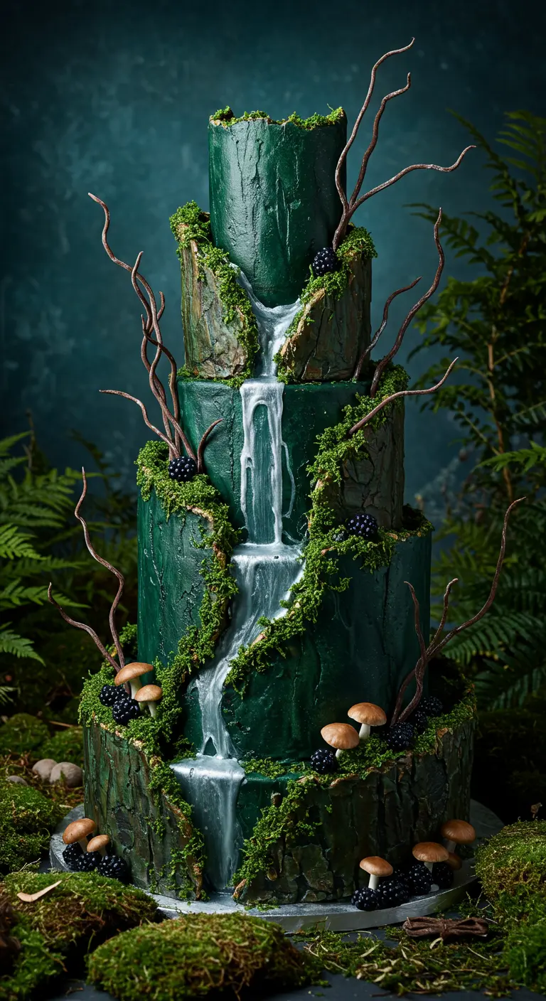 Dunkelgrüne Hochzeitstorte mit Moos, Ästen und einem weißen Drip, der wie ein Wasserfall aussieht.