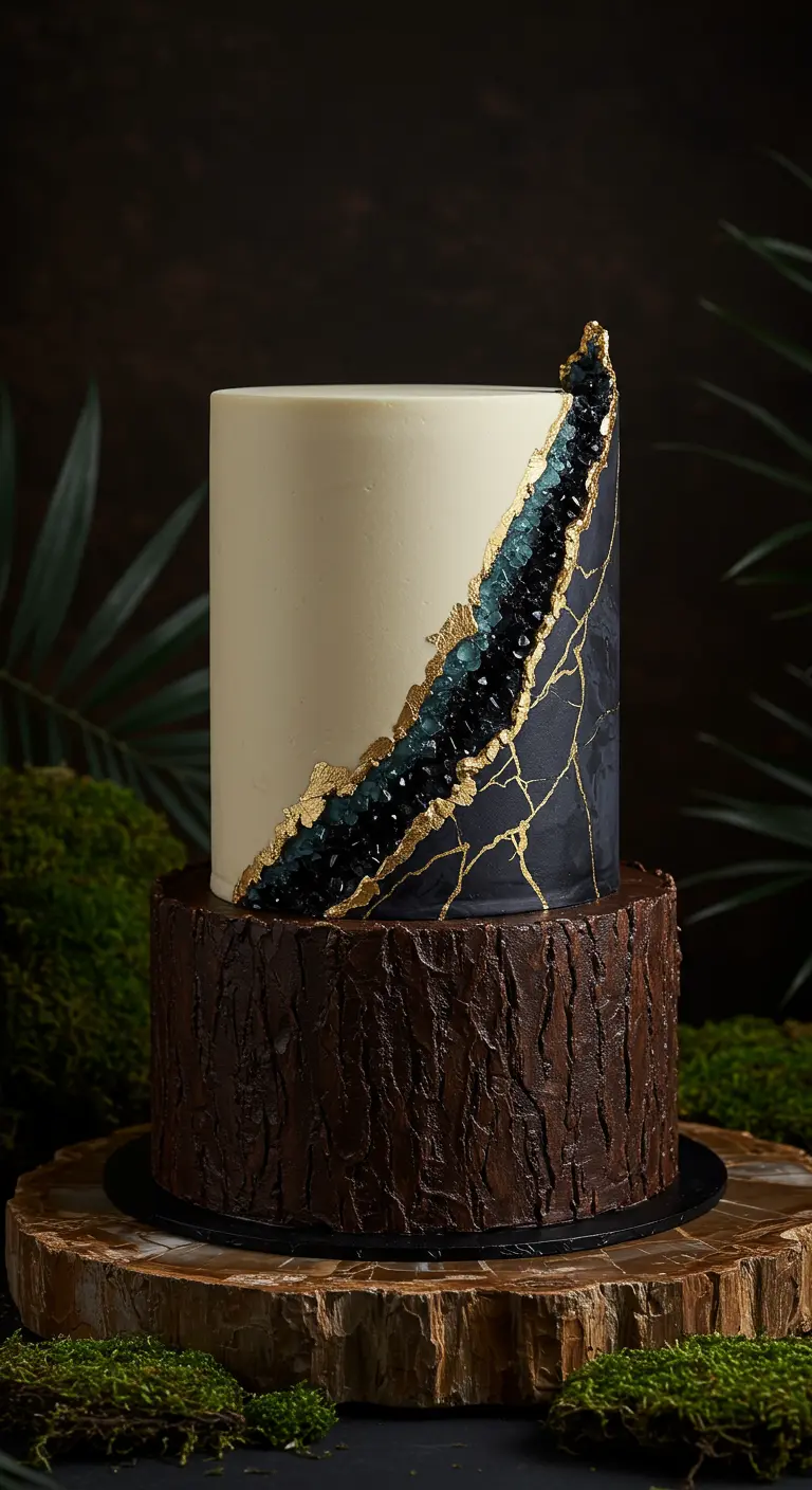 Zweistöckige Torte: untere Etage Baumrindenoptik, obere Etage weiß mit schwarz-goldenem Geodenschnitt.