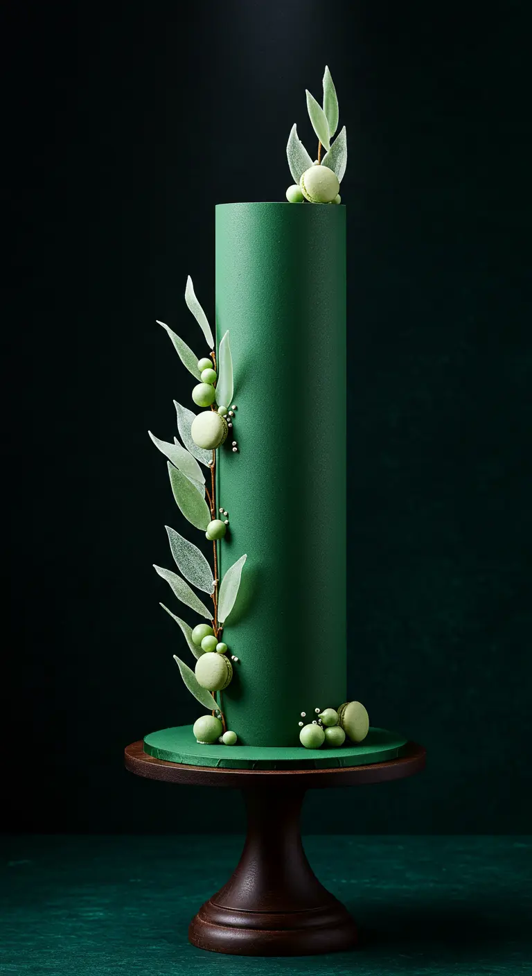 Hohe grüne Torte mit Ranken aus essbaren Blättern, grünen Macarons und Zuckerperlen.