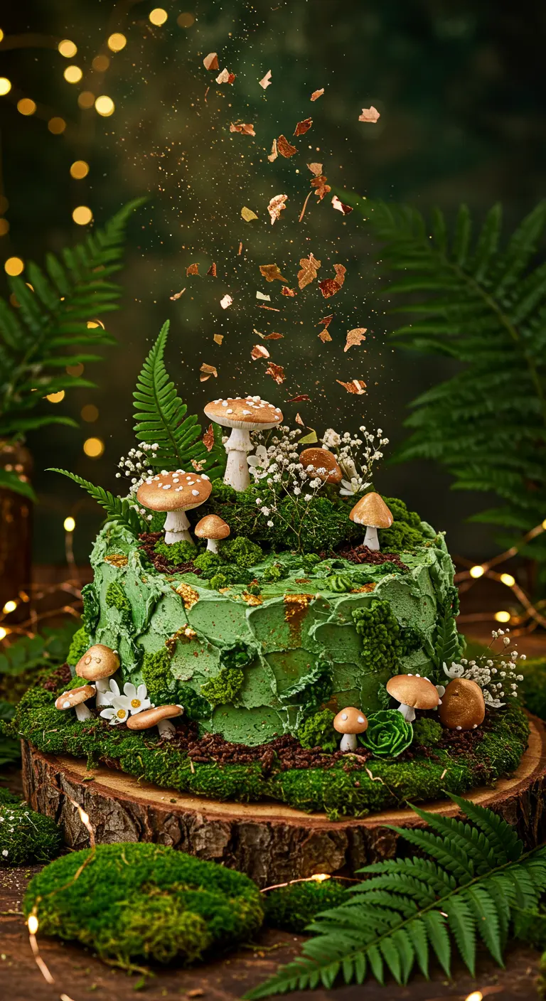 Moosgrüne Torte mit Fondant-Pilzen, Farnen und goldenem Glitzerregen, auf einer Holzscheibe.