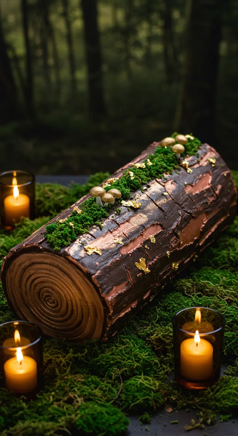 Baumstamm-Torte mit Schokoladenrinde, grünem Moos-Effekt, goldenen Pilzen und Blattgold.