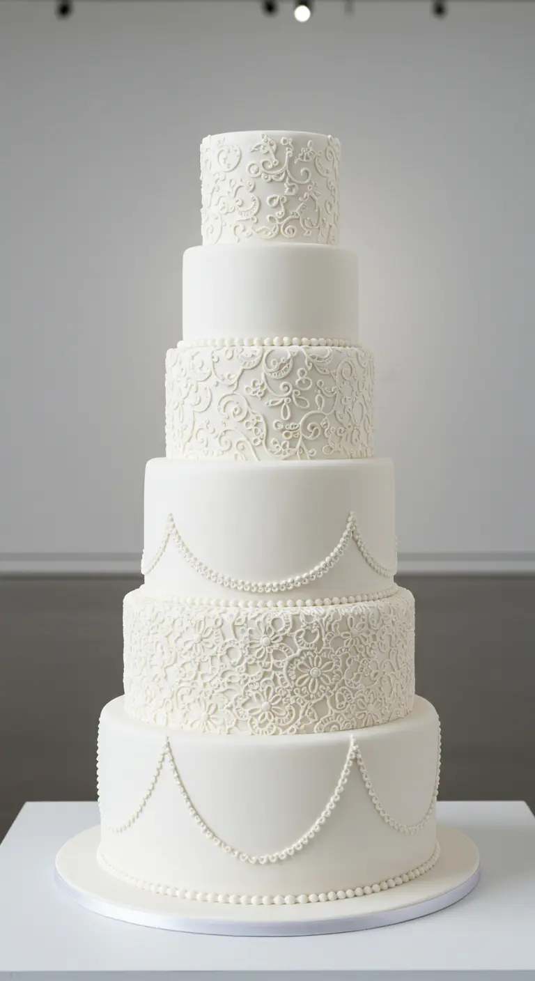 Elegante, weiße Hochzeitstorte mit filigranen Stickerei-Mustern und Perlen-Girlanden.