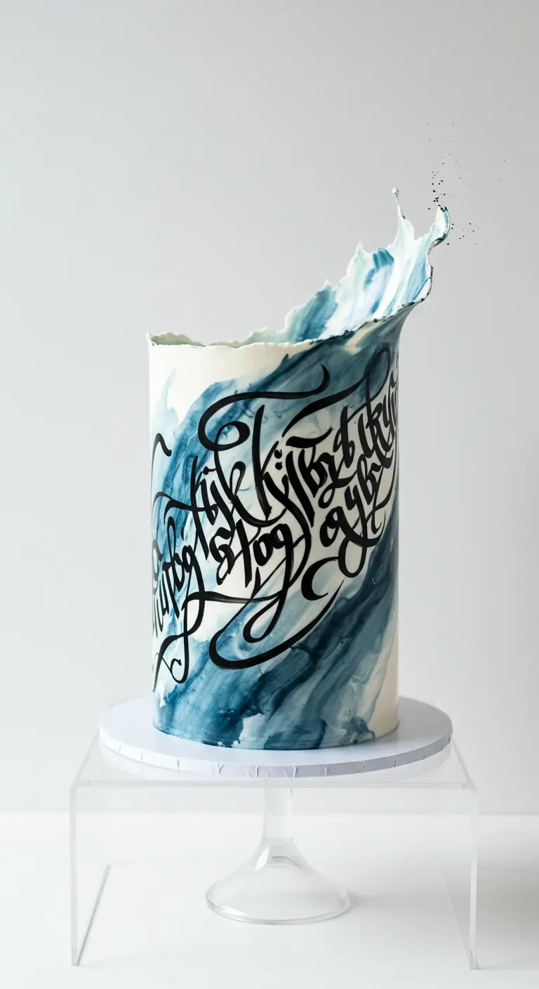 Runde Torte mit blauen Wellen-Effekten, schwarzer Kalligrafie und einem Wasserspritzer-Detail