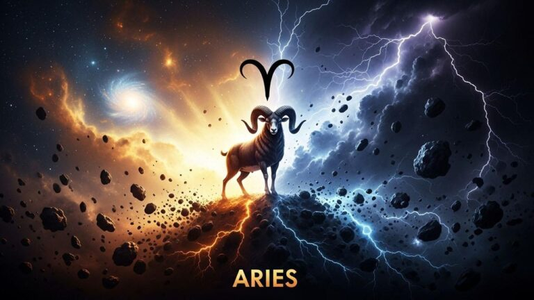 Widder-Symbol vor Sternenhimmel und Blitzen. Chance oder Chaos am 15. Juni?