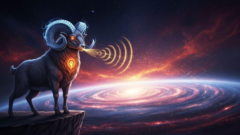 Sternzeichen Widder sendet am 11. Juni Worte aus, die Macht haben. Galaxie im Hintergrund.