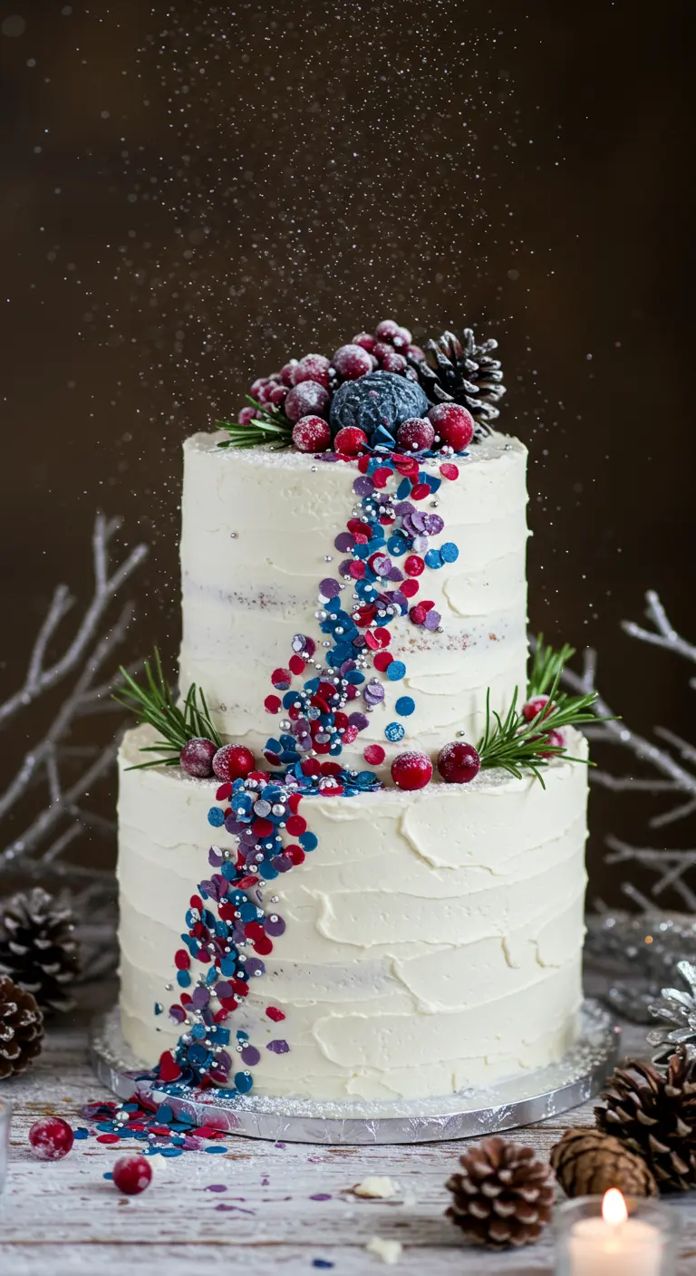 Zweistöckige weiße Naked Cake mit einem Konfetti-Fluss aus Rot, Blau, Silber und Winterbeeren.