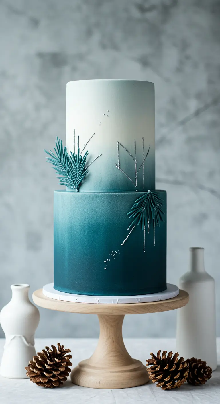 Zweistöckige Ombre-Torte in Hellgrau und Petrolblau, verziert mit Tannenzweigen und silbernen Linien.