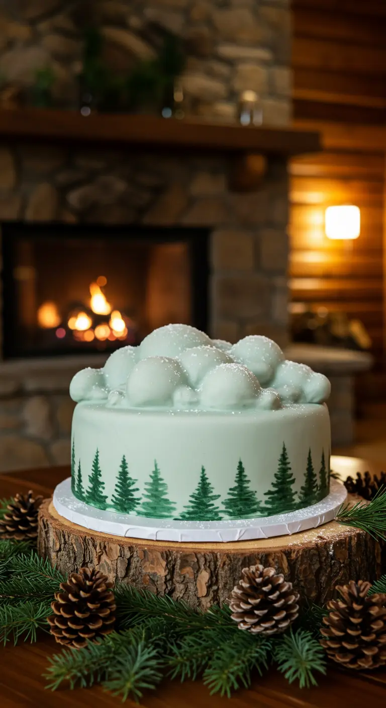 Hellgrüne Torte mit gemalten Tannen, Wolken-Topping und Puderzucker-Schnee.