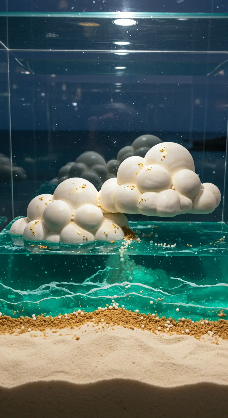 Weiße Fondant-Wolke mit Goldsprenkeln über einem blauen Gelee-Meer mit Kekssand.
