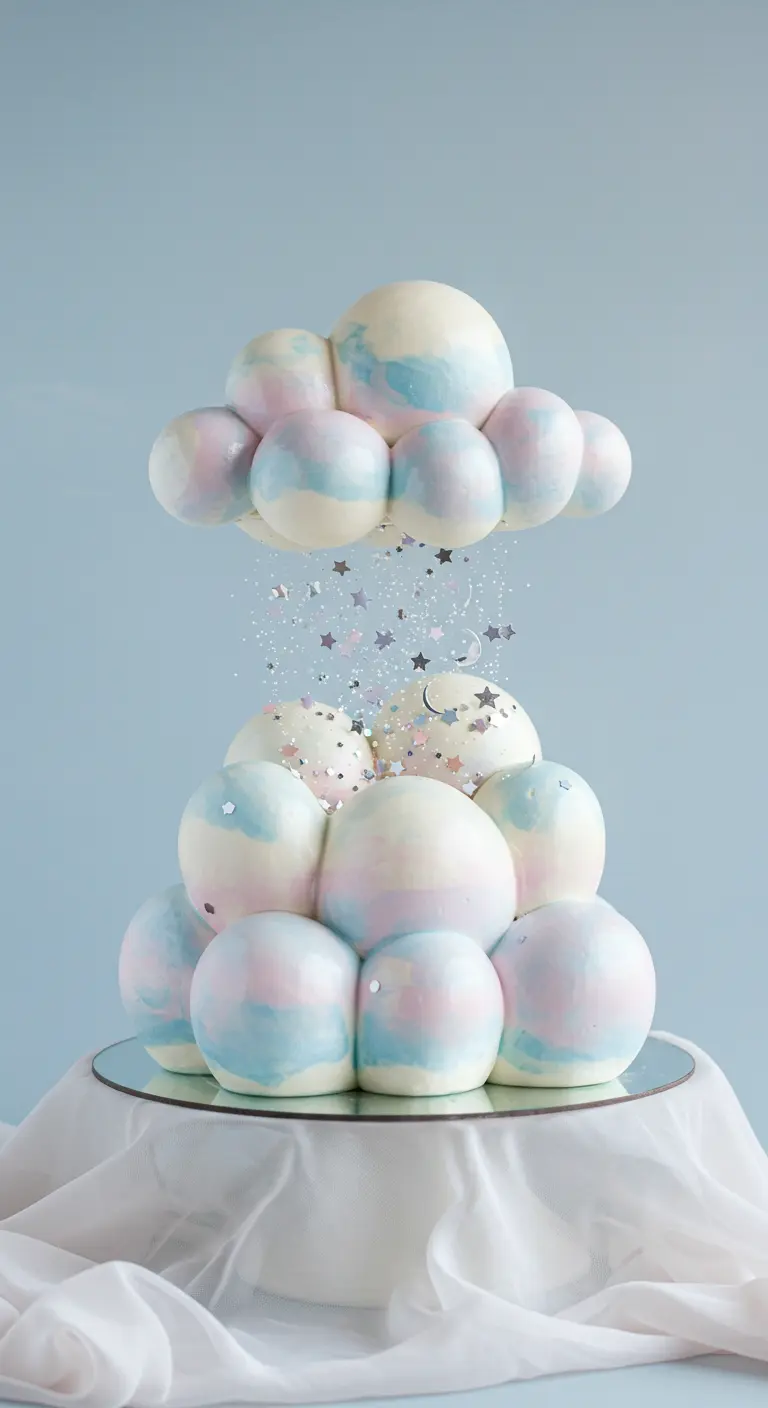 Torte aus pastellfarbenen Kugeln, die wie Wolken angeordnet sind, mit silbernem Sternen-Konfetti.