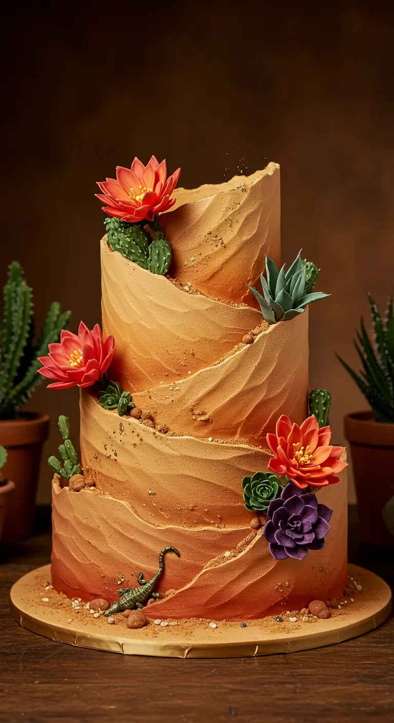Ockerfarbene Hochzeitstorte im Dünen-Look mit Kakteen, Sukkulenten, roten Blüten und einer kleinen Zucker-Eidechse.