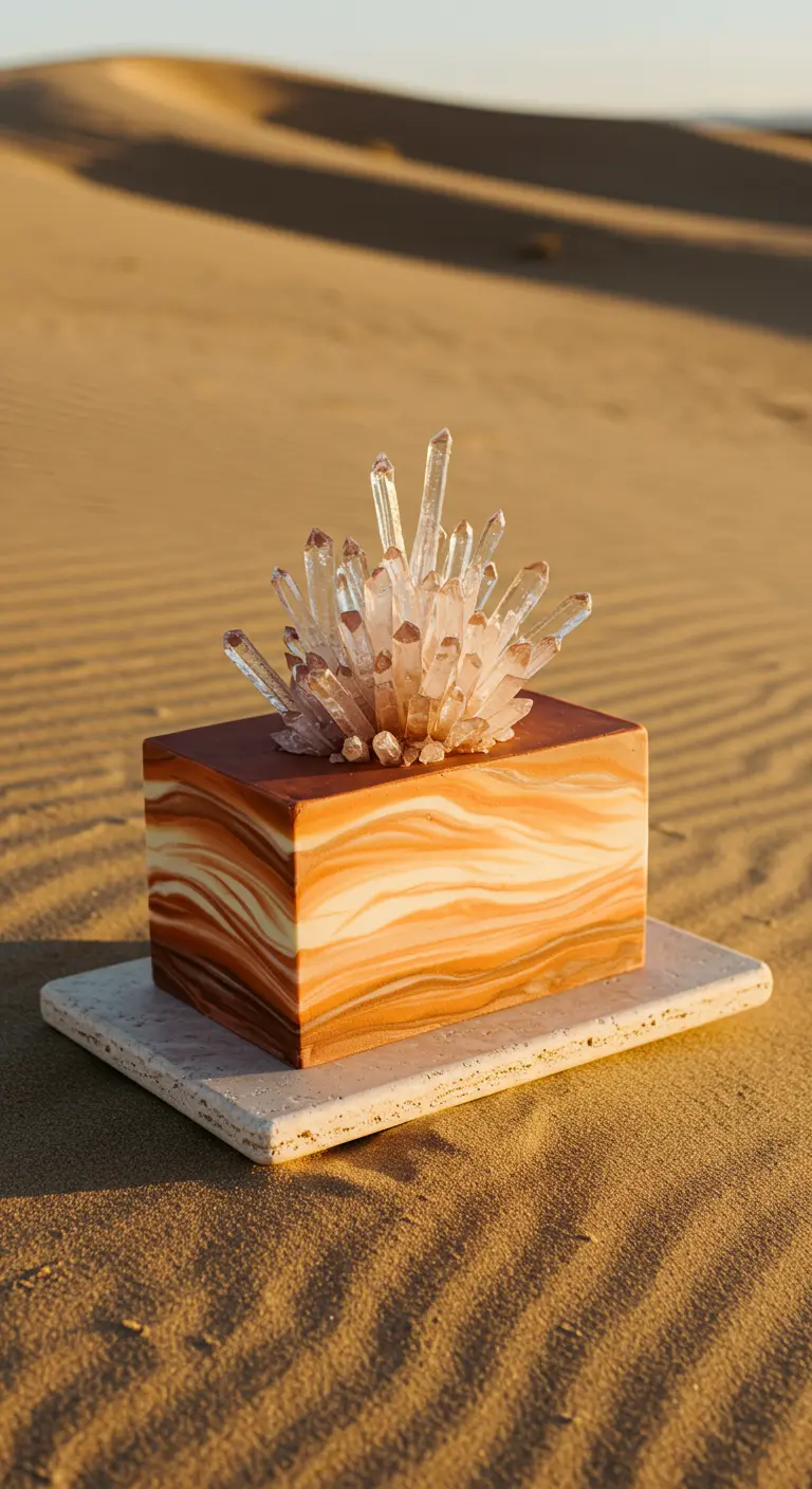 Marmorierter Würfelkuchen mit einem Cluster aus Zuckerkristallen in einer Wüstenlandschaft.