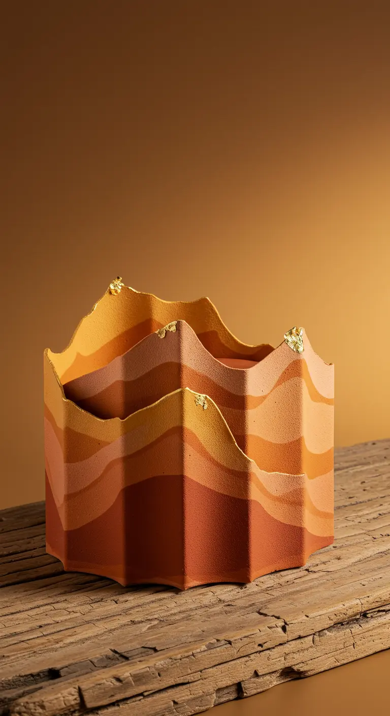 Mehrfarbige Torte in Terrakotta-Tönen mit wellenförmigen Schichten und Golddetails.