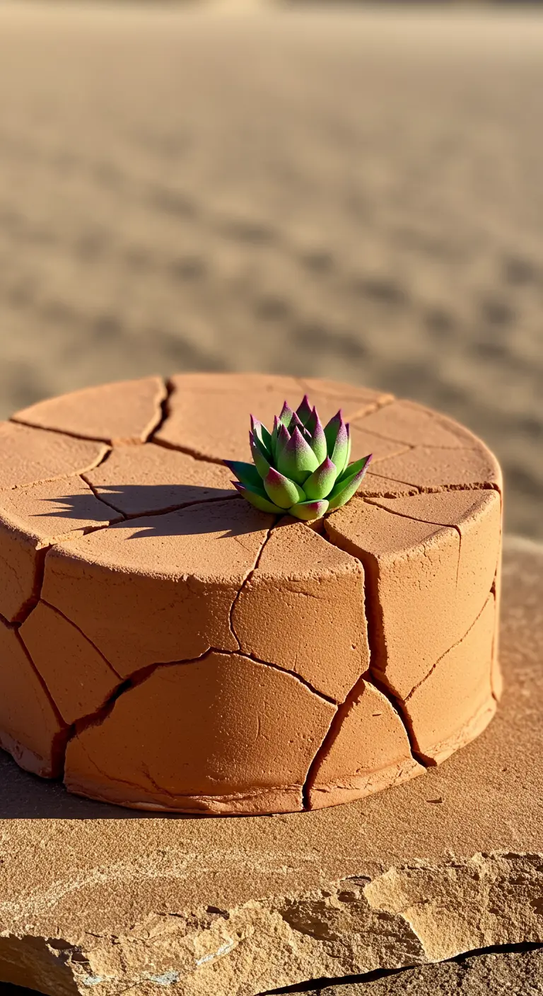 Runde, flache Torte in Terrakotta-Farbe mit rissiger Oberfläche und einer Sukkulente.