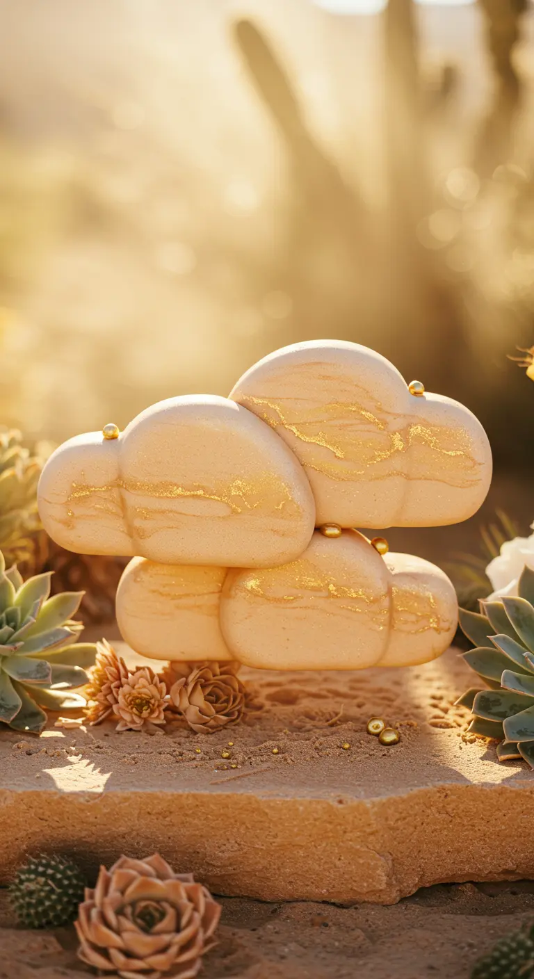Sandfarbene Wolkenformen mit Goldschimmer, dekoriert mit kleinen Sukkulenten.