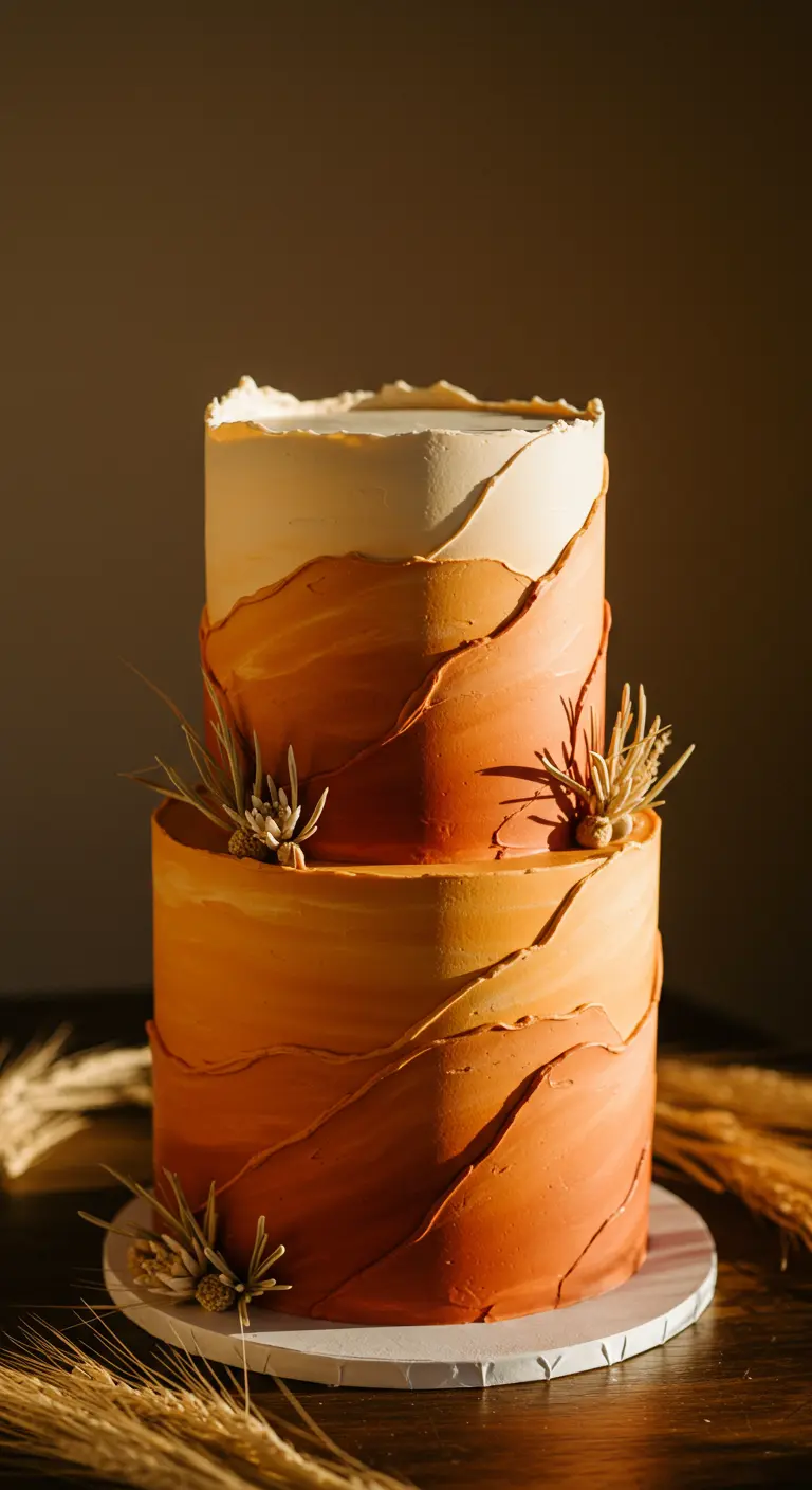 Hochzeitstorte in warmen Terrakotta-Ombré-Tönen mit Wellenstruktur.