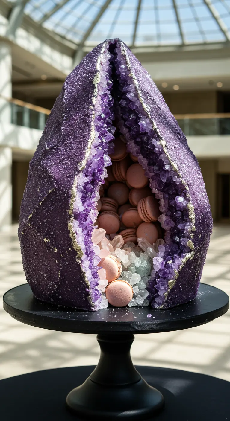 Riesige violette Geode-Torte mit inneren Kristallen und rosa Macarons, einige fallen heraus.
