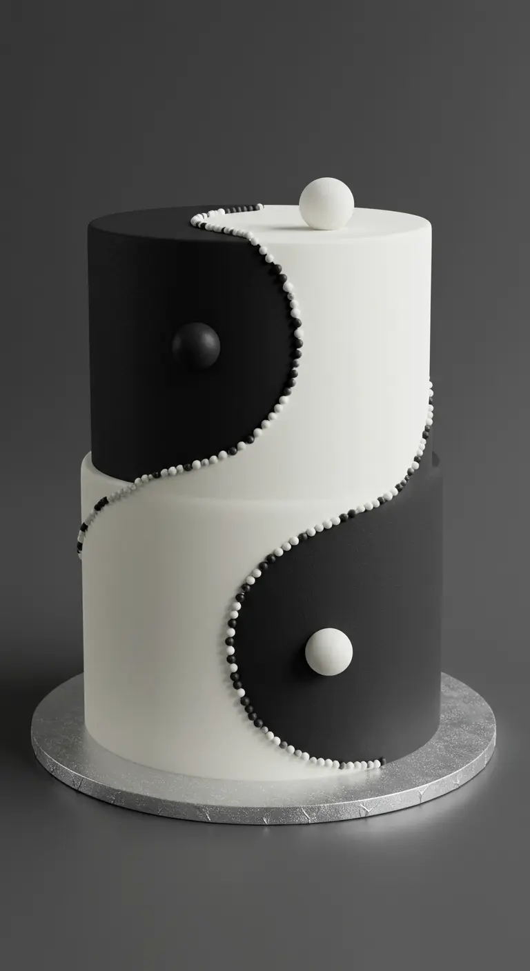 Zweistöckige Hochzeitstorte im Yin-Yang-Design mit schwarzen und weißen Hälften und Perlendetails.