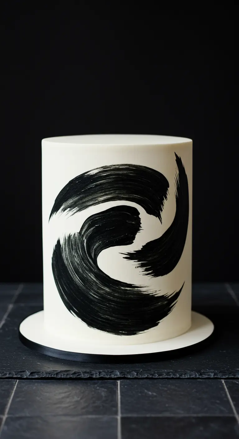 Weiße Torte mit einem dynamischen schwarzen Buttercreme-Pinselstrich.