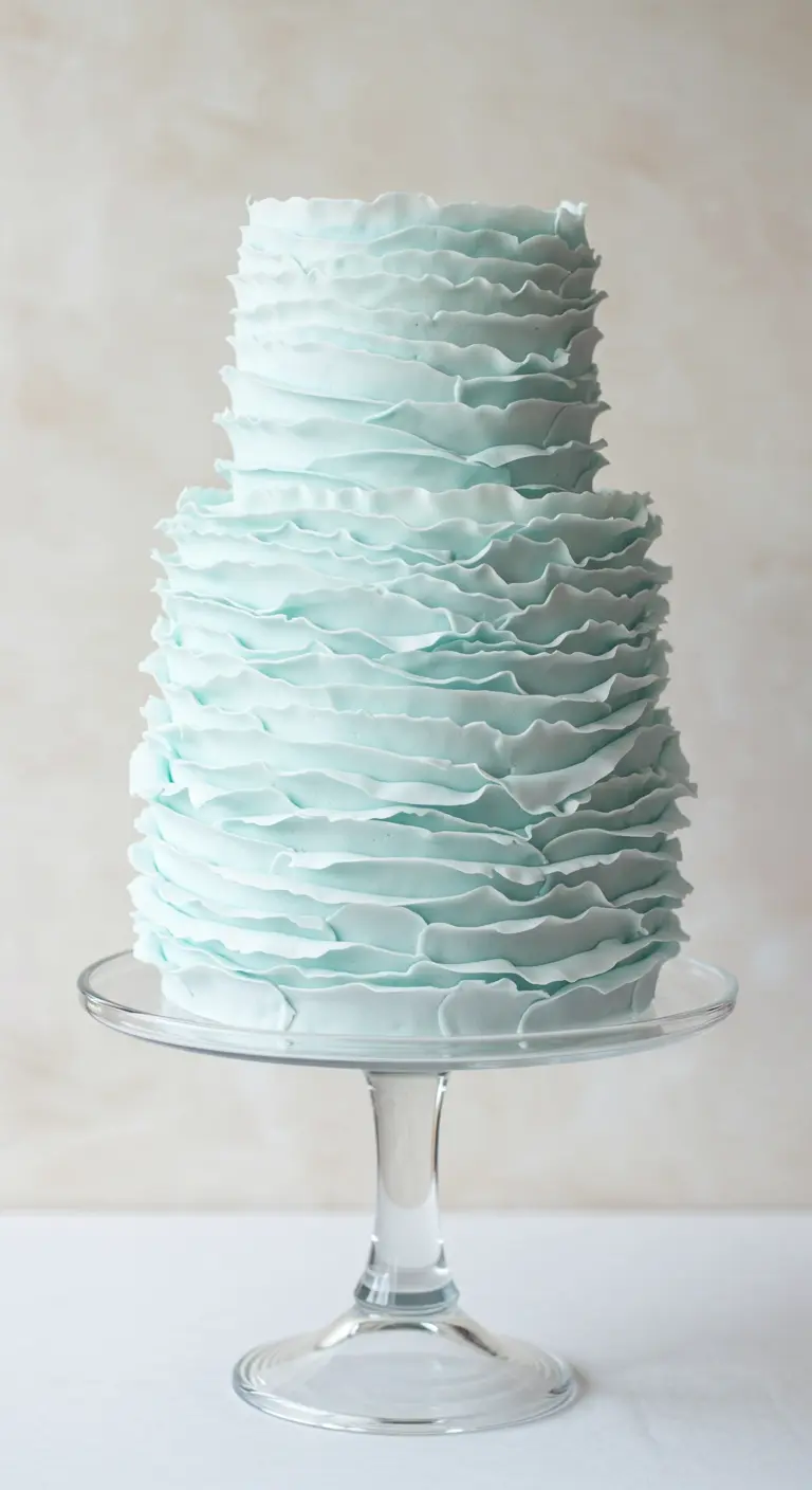 Mehrstöckige mintfarbene Torte komplett in zarten Buttercreme-Rüschen.