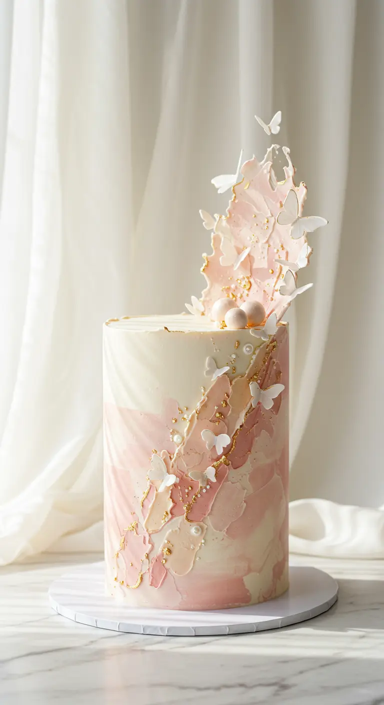 Hohe rosa-weiße Marmortorte mit weißen Schmetterlingen, Perlen und Goldsprenkeln.